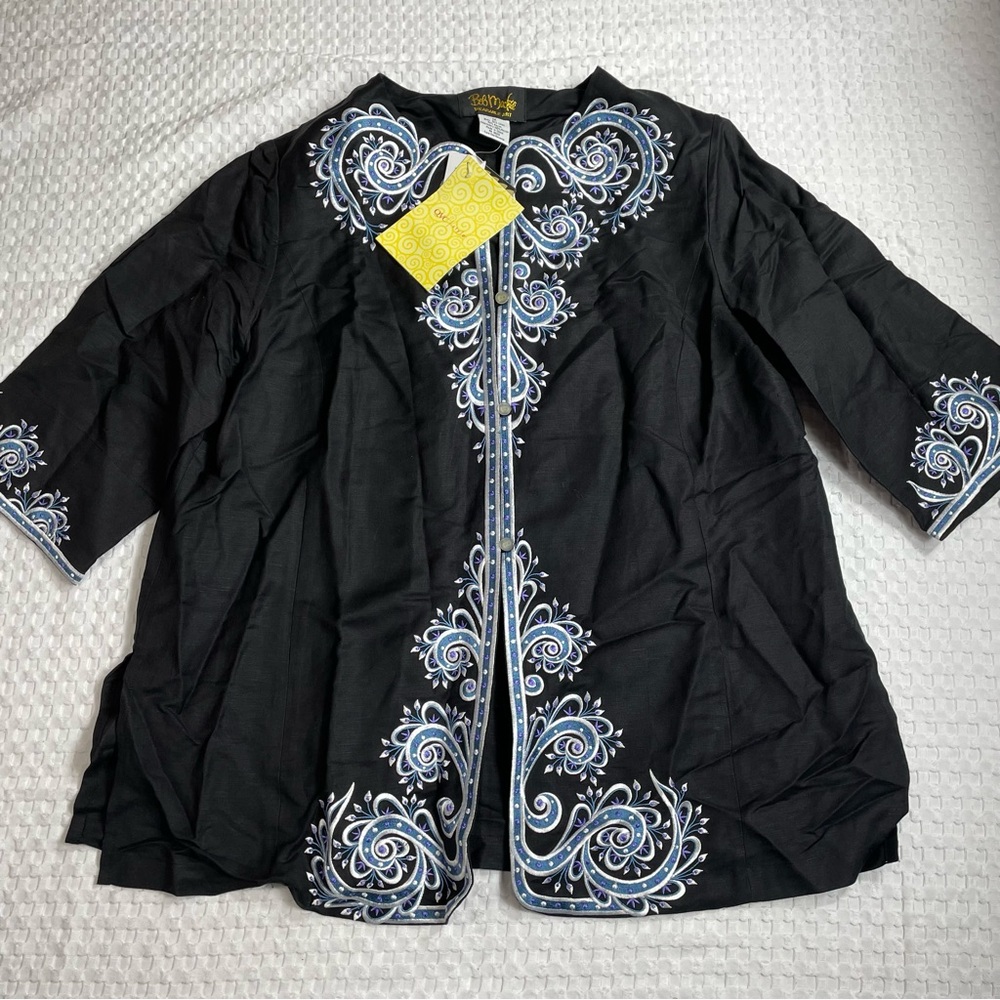 Bob Mackie Wearable Art Linen Blend Kimono Jacket Blazer 1X NWT Embroidered